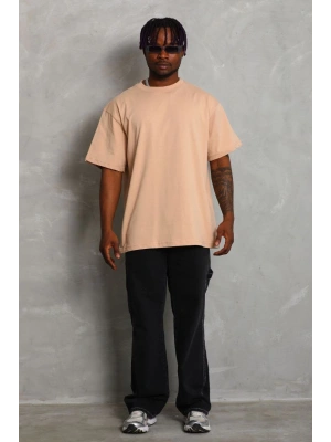 Oversize Düz Bisiklet Yaka T-Shirt - Bej -