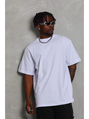 Oversize Düz Bisiklet Yaka T-Shirt - Beyaz -