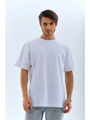 Oversize Düz Bisiklet Yaka T-Shirt - Beyaz