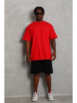 Oversize Düz Bisiklet Yaka T-Shirt - Kırmızı -