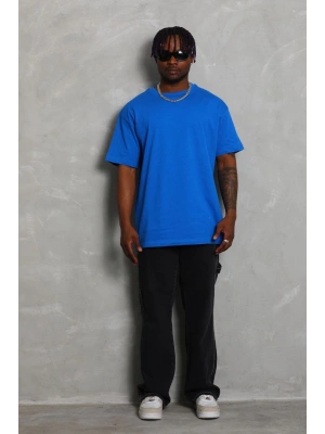 Oversize Düz Bisiklet Yaka T-Shirt - Mavi -
