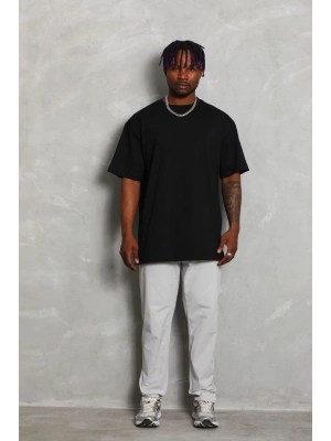 Oversize Düz Bisiklet Yaka T-Shirt - Siyah -