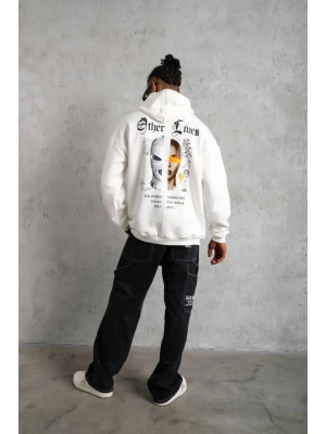 Oversize Kapüşonlu Sweatshirt – Beyaz “Other Lives” Ön ve Arka Baskılı Beyaz -