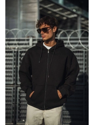 Oversize Tam Fermuarlı Uzun Kol Hırka - Siyah -