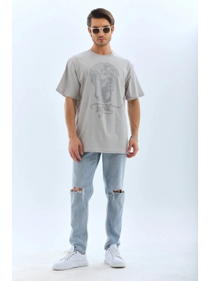 Oversize Taşlı Bisiklet Yaka T-Shirt - Gri -