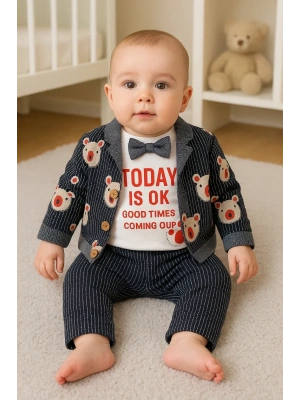Papyonlu Bear Çizgili Model Ceketli 3lü Erkek Bebek Takımı