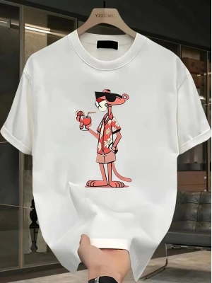 Pembe Panter Baskılı   Oversize Günlük Kısa Kollu Tişört- Beyaz -