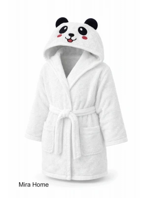 Sevimli Panda Nakışlı Beyaz Pamuklu Kapşonlu Çocuk Bornozu