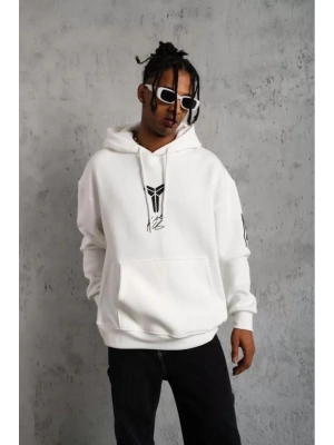 Sırt Baskılı Kapüşonlu Üç İplik Oversize Sweatshirt - Beyaz