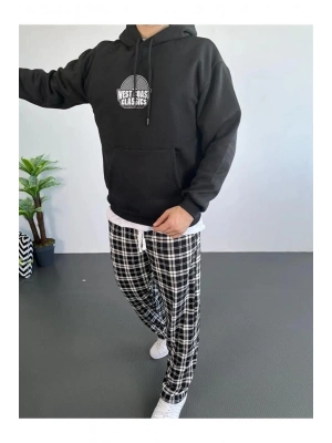 Sırt Baskılı Kapüşonlu Üç İplik Oversize Sweatshirt - Siyah -