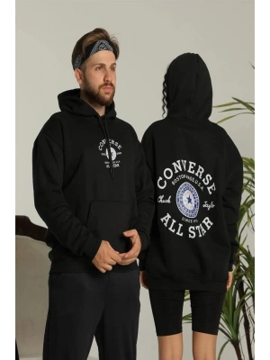 Sırt Baskılı Oversize Üç İplik Kapüşonlu Hoodie Sweatshirt - Siyah