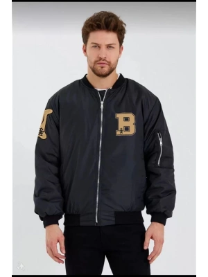 Siyah Bomber Kolej Mont – B Harfi ve Kemik Baskılı -