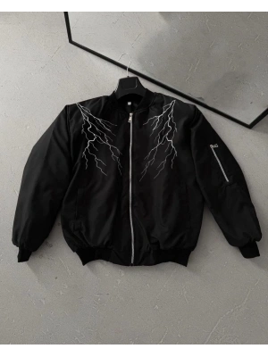 Siyah Bomber Mont – Beyaz Şimşek Desenli -