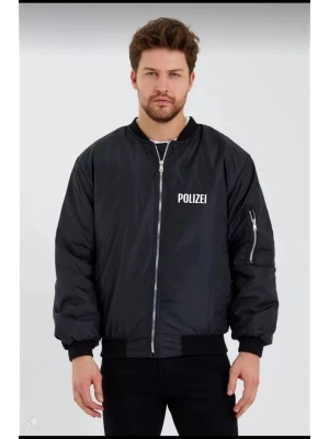 Siyah Bomber Mont – POLIZEI Yazılı, Siyah -