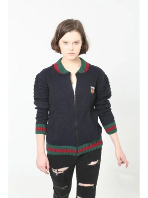 Tam Fermuarlı Triko Hırka - Lacivert -