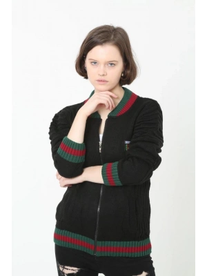 Tam Fermuarlı Triko Hırka - Siyah -