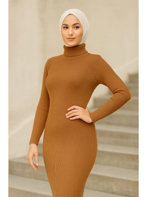 Tesettür Triko Elbise  Kahverengi -