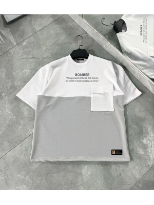 Torba Cep Detaylı  Parçalı T-Shirt - Gri -