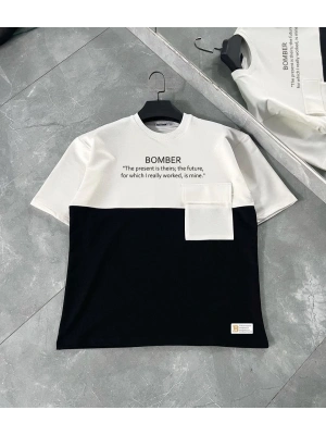 Torba Cep Detaylı  Parçalı T-Shirt - Siyah -