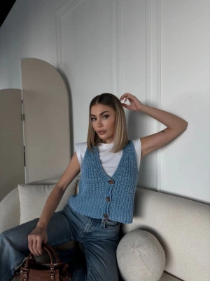 Triko Kolsuz Düğmeli Yelek - Mavi -