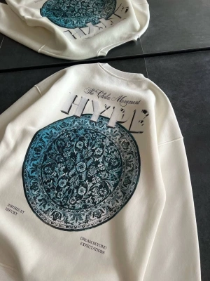 Üç İplik Bisiklet Yaka Baskılı SweatShirt - Beyaz -