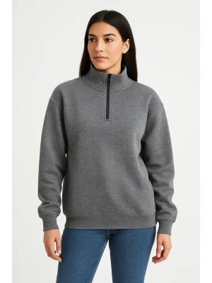 Üç İplik Dık Yaka Yarım Fermuarlı SweatShirt - Antrasit -