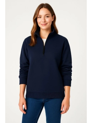 Üç İplik Dık Yaka Yarım Fermuarlı SweatShirt - Lacivert