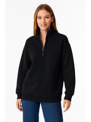 Üç İplik Dık Yaka Yarım Fermuarlı SweatShirt - Siyah -