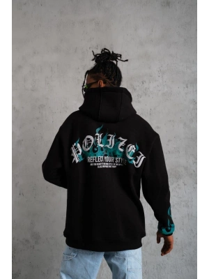Üç İplik İçi Pamuklu Alev Baskılı Kapüşonlu Sweatshirt - Siyah