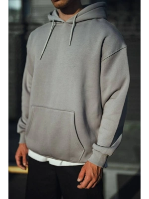 Üç İplik Penye Kapşonlu Basic SweatShirt - Boyalı Gri -