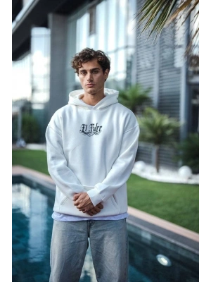 Üç İplik Penye Kapşonlu Baskılı SweatShirt - Beyaz -