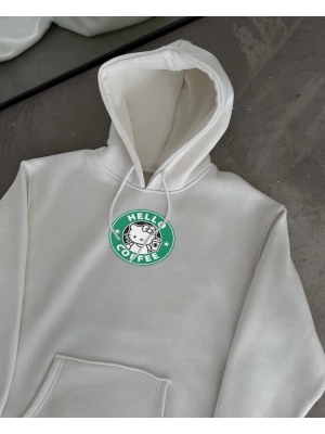 Üç İplik Penye Uzun Kol Kapüşonlu SweatShirt - Beyaz -