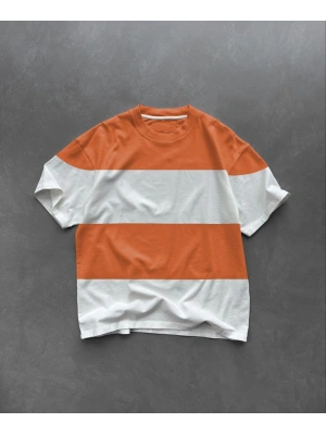 Unisex Bisiklet Yaka Parçalı T-Shirt - Turuncu