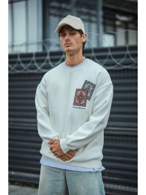 Uzun Kol Bisiklet Yaka Baskılı SweatShirt - Beyaz -