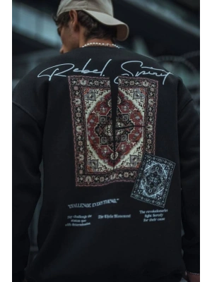 Uzun Kol Bisiklet Yaka Baskılı SweatShirt - Siyah -