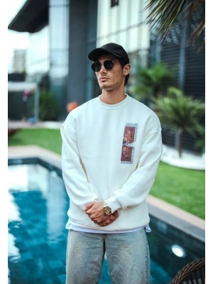 Uzun Kol Bisiklet Yaka Ön ve Arka Baskılı SweatShirt - Beyaz -