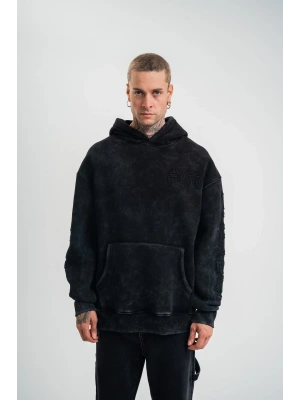 Uzun Kol Kapşonlu Yıkamalı Nakışlı SweatShirt - Siyah