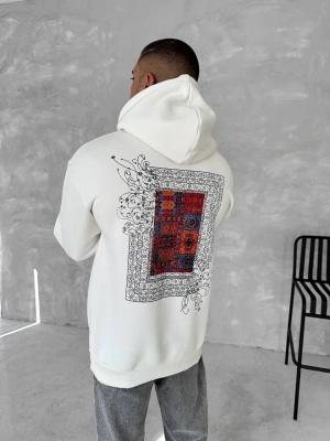 Uzun Kol Kapüşonlu Ön Ve Arka Baskılı SweatShirt - Beyaz -