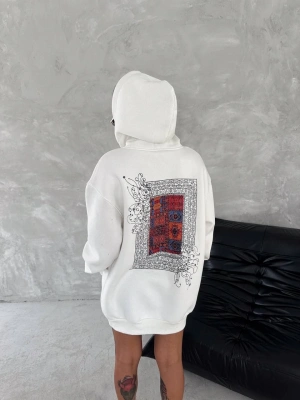 Uzun Kol Kapüşonlu Ön Ve Arka Baskılı SweatShirt - Beyaz -