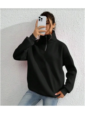 Uzun Kol Yarım Farmuarlı Yakalı Basic SweatShirt - Siyah -