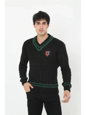 V Yaka Örgülü Kazak - Siyah -