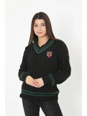 V Yaka Örgülü Kazak - Siyah -