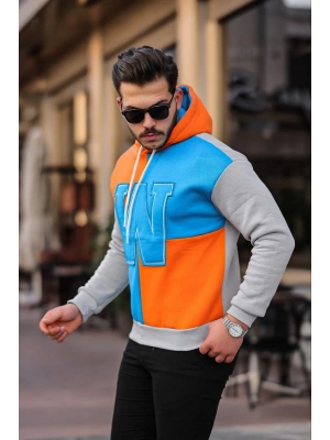 W Nakış İşlemeli Kapüşonlu Sweatshirt - Mavi