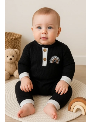 Waffle Gökkuşağı Nakışlı Erkek Bebek Tulumu