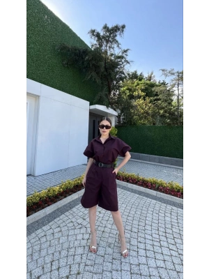 Yakalı Gömlek Kemerli Şortlu Takım - Bordo -