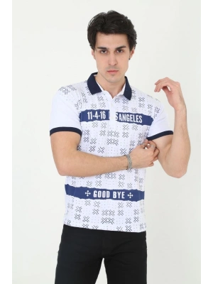 Yakalı Slim Fit Baskılı T-Shirt - Beyaz -