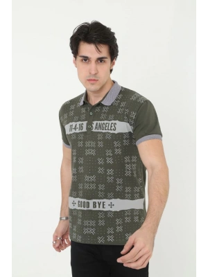 Yakalı Slim Fit Baskılı T-Shirt - Haki -