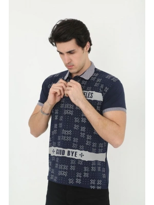 Yakalı Slim Fit Baskılı T-Shirt - Lacivert -