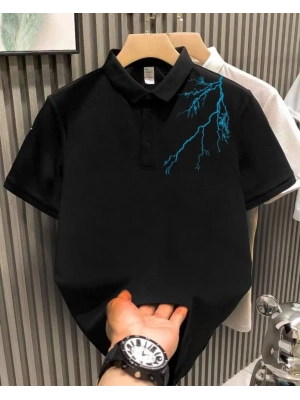 Yakası Düğmeli Oversize Baskılı T-Shirt - Siyah -