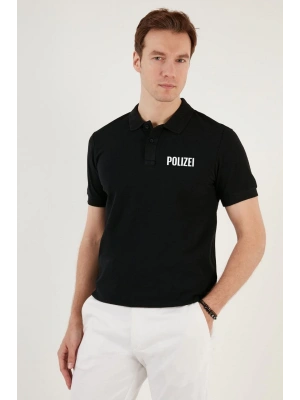 Yakası Düğmeli Yakalı Pike Baskılı T-Shirt - Siyah -